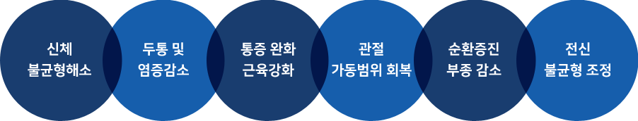 신체 불균형해소 / 두통 및 염증감소 / 통증 완화 근육강화 / 관절 가동범위 회복 / 순환증진 부종 감소 / 전신 불균형 조정