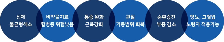 신체 불균형해소 / 비약물치료 합병증 위험낮음 / 통증 완화 근육강화 / 관절 가동범위 회복 / 순환증진 부종 감소 / 당뇨, 고혈압 노령자 적용가능