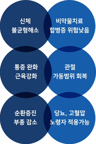 신체 불균형해소 / 비약물치료 합병증 위험낮음 / 통증 완화 근육강화 / 관절 가동범위 회복 / 순환증진 부종 감소 / 당뇨, 고혈압 노령자 적용가능