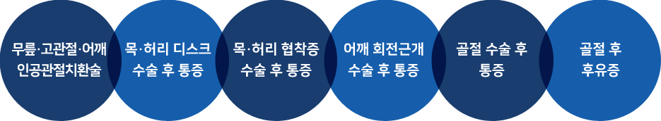 무릎·고관절·어깨 인공관절치환술 / 목·허리 디스크 수술 후 통증 / 목·허리 협착증 수술 후 통증 / 어깨 회전근개 수술 후 통증 / 골절 수술 후 통증 / 골절 후 후유증