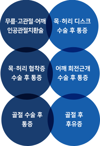 무릎·고관절·어깨 인공관절치환술 / 목·허리 디스크 수술 후 통증 / 목·허리 협착증 수술 후 통증 / 어깨 회전근개 수술 후 통증 / 골절 수술 후 통증 / 골절 후 후유증